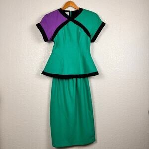 Vtg Donna Morgan SET‎ Womens Small Top & Skirt Green Colorblock Peplum Pinup